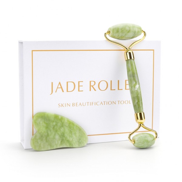 Ролик и скребок гуаша "Jade Roller" из натурального зеленого нефрита